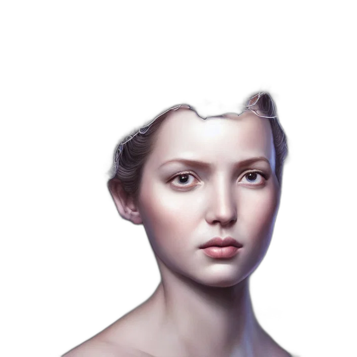 face, crown, robot, hair, photorealistic, concept art, 3d render, fantasy art transparent PNG cut-out