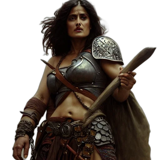 sword, fantasy art, concept art, comic book art, photorealistic, portrait, salma, hayek transparent PNG cut-out