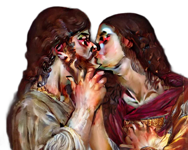 fantasy art, comic book art, concept art, photorealistic, fire, photography, jesus, kissing transparent PNG cut-out