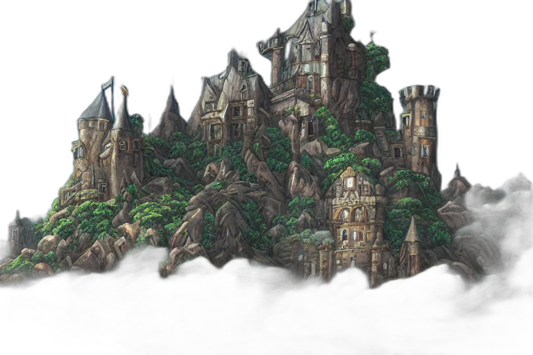 dragon, building, fantasy art, concept art, pixel art, 3d render, fog, forest transparent PNG cut-out