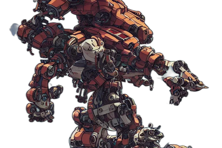 robot, weapon, concept art, pixel art, comic book art, 3d render, red, earth tones transparent PNG cut-out
