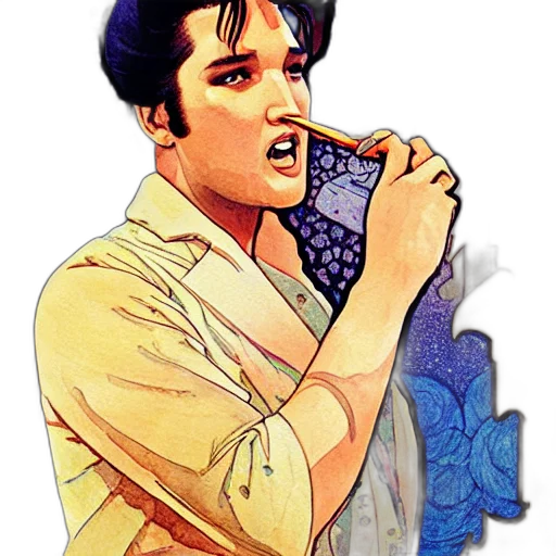 cartoon, comic book art, photorealistic, watercolor, elvis, eating, donuts, sitting transparent PNG cut-out