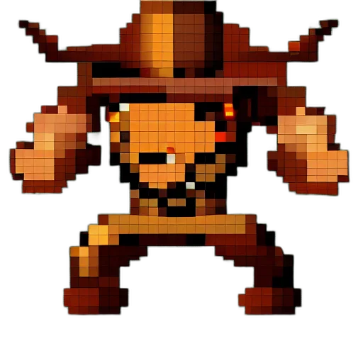hat, staff, weapon, robot, pixel art, concept art, fantasy art, 3d render transparent PNG cut-out