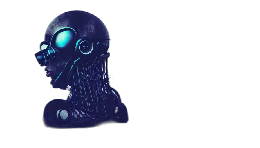mask, robot, hat, cyberpunk, concept art, 3d render, vaporwave, grunge transparent PNG cut-out