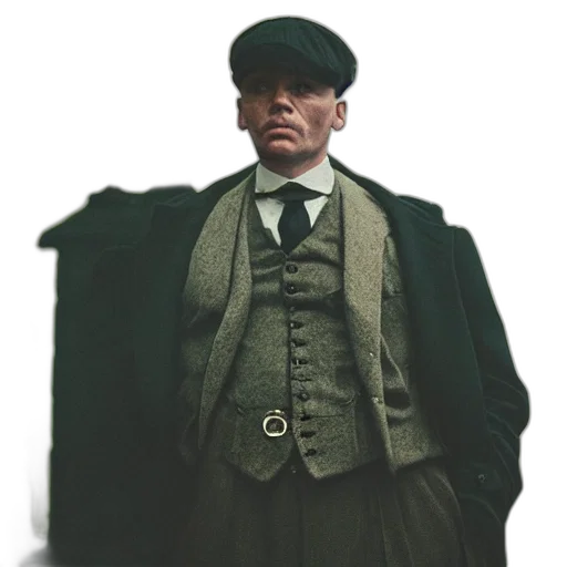 hat, jacket, staff, face, concept art, photorealistic, peaky, blinders transparent PNG cut-out