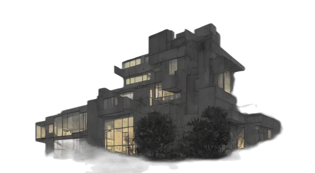 building, concept art, 3d render, photorealistic, fog, luxurious, house, brutalist transparent PNG cut-out