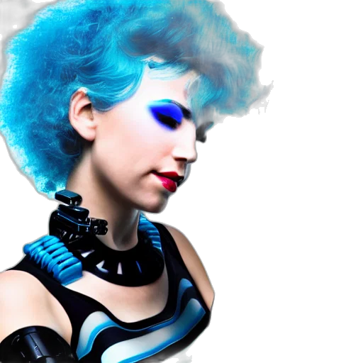 robot, hair, cyberpunk, concept art, 3d render, fantasy art, blue, photograph transparent PNG cut-out