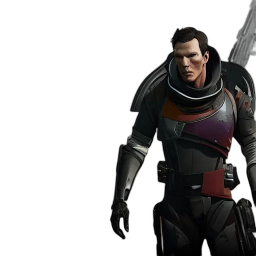 weapon, jacket, staff, concept art, comic book art, 3d render, cyberpunk, dark transparent PNG cut-out