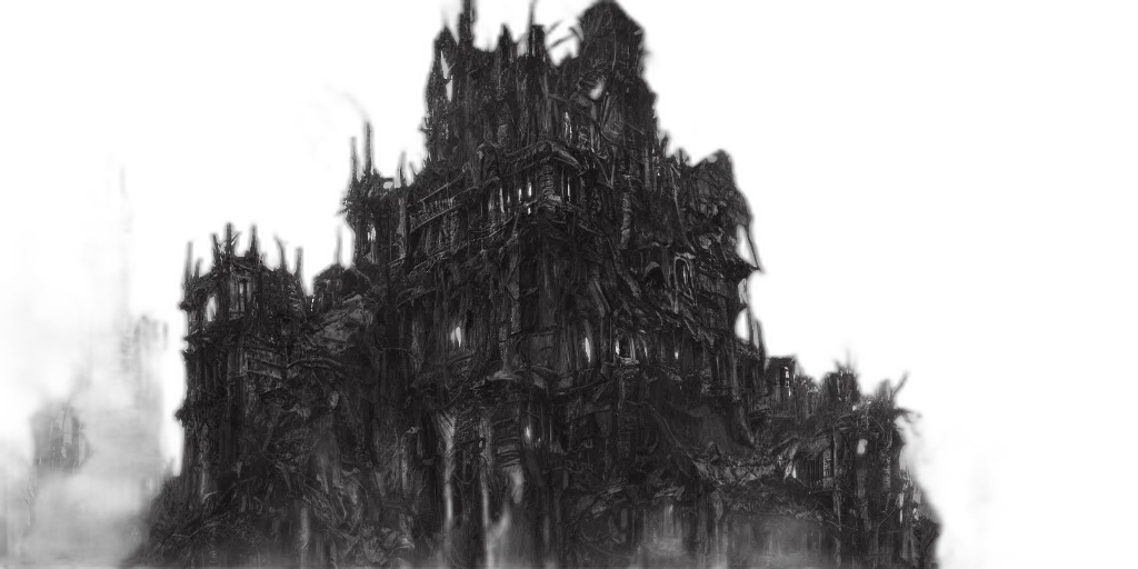 building, concept art, fantasy art, comic book art, pencil sketch, forest, fog, night transparent PNG cut-out