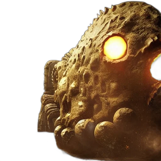 mask, creature, face, robot, concept art, 3d render, golden, evil transparent PNG cut-out