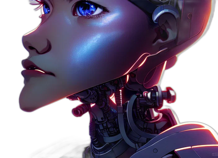 robot, face, weapon, cyberpunk, concept art, comic book art, 3d render, neon lights transparent PNG cut-out
