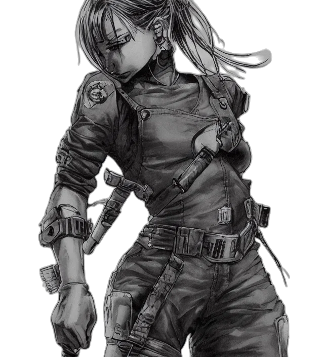 weapon, jacket, robot, cyberpunk, concept art, comic book art, pencil sketch, monochrome transparent PNG cut-out