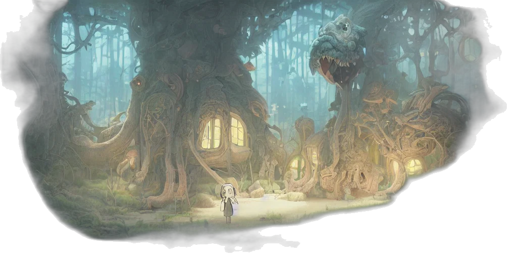 creature, tree, concept art, fantasy art, 3d render, comic book art, fog, forest transparent PNG cut-out