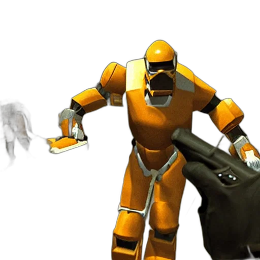 robot, staff, weapon, concept art, 3d render, comic book art, outer space, golden transparent PNG cut-out
