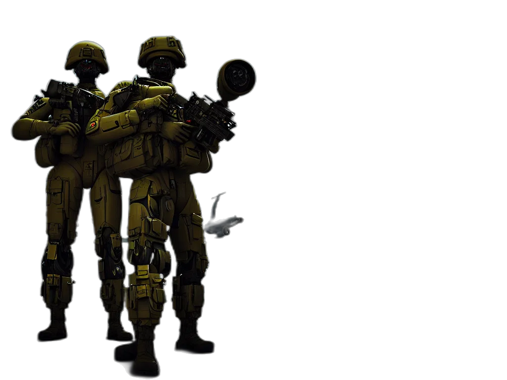 weapon, concept art, 3d render, pixel art, green, earth tones, soldiers, posing transparent PNG cut-out