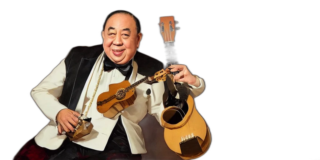 photorealistic, prawit, wongsuwan, gold, tuxedo, playing, ukulele, musician transparent PNG cut-out
