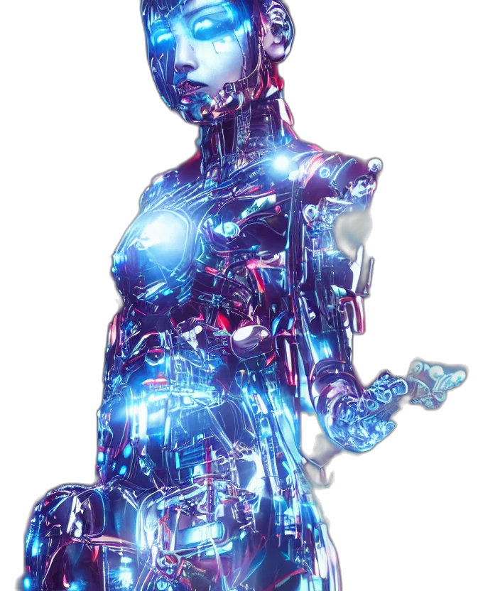 robot, dress, jewelry, staff, cyberpunk, concept art, 3d render, vaporwave transparent PNG cut-out