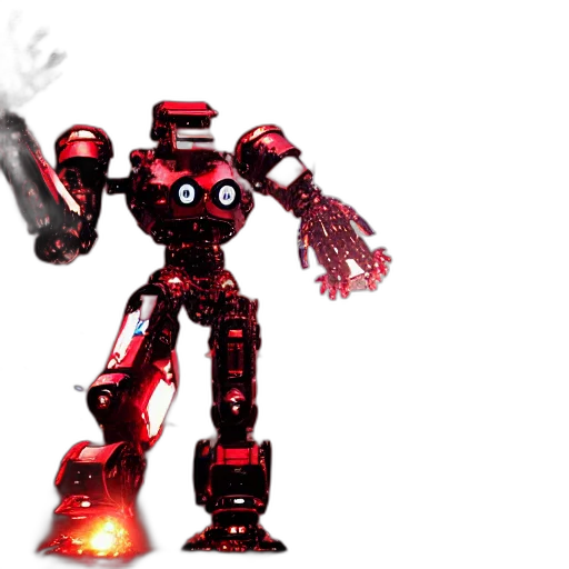 robot, weapon, concept art, 3d render, pixel art, comic book art, fire, red transparent PNG cut-out