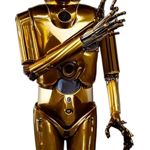 robot, weapon, staff, concept art, 3d render, golden, sculpture, c-3po transparent PNG cut-out