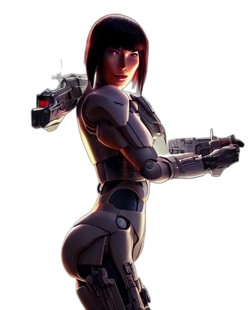 robot, weapon, staff, concept art, cyberpunk, 3d render, comic book art, outer space transparent PNG cut-out
