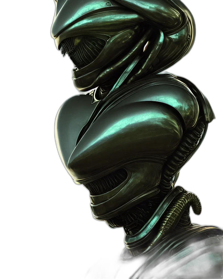 robot, mask, face, creature, concept art, 3d render, outer space, green transparent PNG cut-out