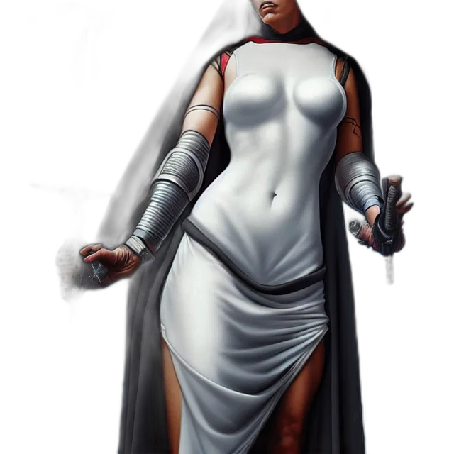 dress, staff, robot, concept art, fantasy art, comic book art, 3d render, monochrome transparent PNG cut-out