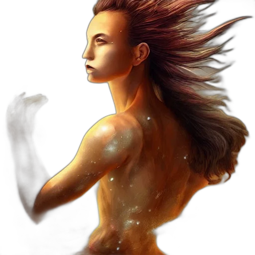 hair, dress, fantasy art, photorealistic, concept art, oil painting, outer space, fire transparent PNG cut-out