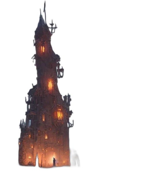 building, concept art, fantasy art, 3d render, pixel art, fog, fire, night transparent PNG cut-out