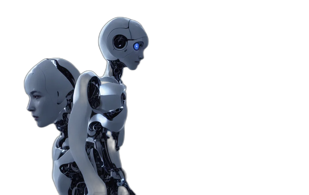 robot, 3d render, concept art, concept, art, two, androids, facing transparent PNG cut-out