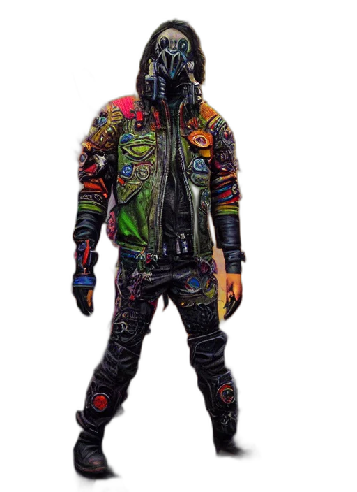 jacket, mask, robot, creature, cyberpunk, concept art, comic book art, pixel art transparent PNG cut-out