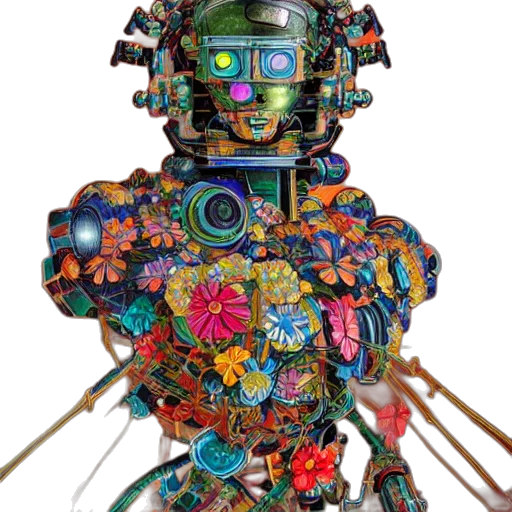robot, mask, staff, jewelry, cyberpunk, concept art, 3d render, colourful transparent PNG cut-out
