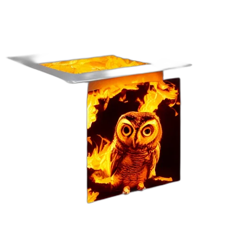furniture, 3d render, photorealistic, concept art, fire, cube, shaped, owl transparent PNG cut-out