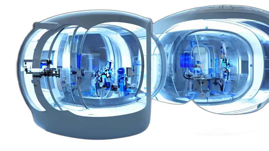 3d render, concept art, futuristic, enclosed, medical, pod, glass, tank transparent PNG cut-out