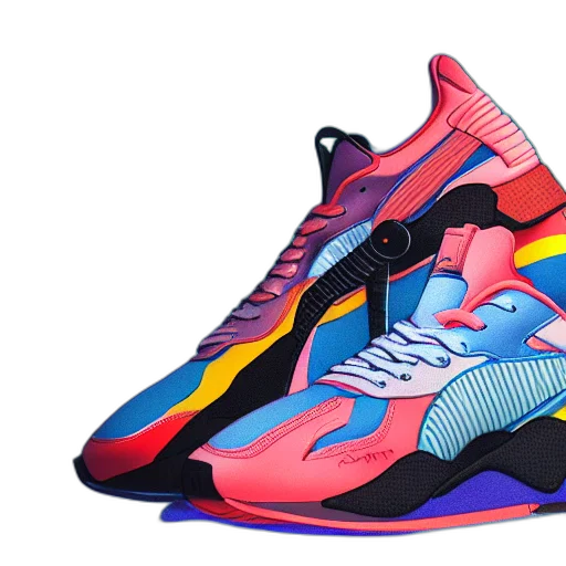 shoes, 3d render, vaporwave, neon, colorful, puma, sneakers, james transparent PNG cut-out
