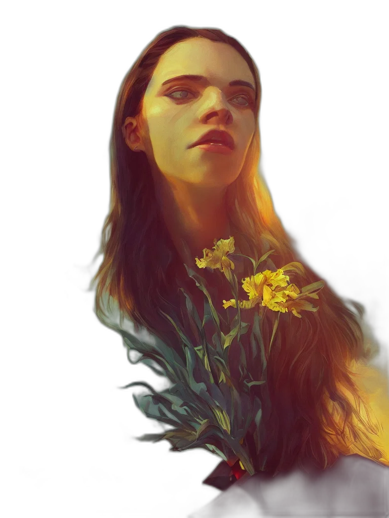flower, face, dress, crown, photorealistic, fantasy art, concept art, oil painting transparent PNG cut-out