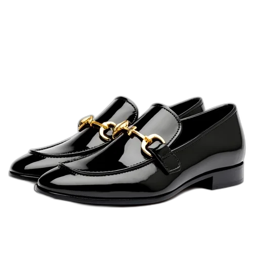 shoes, pair, black, patent, leather, loafers, gold-tone, buckles transparent PNG cut-out