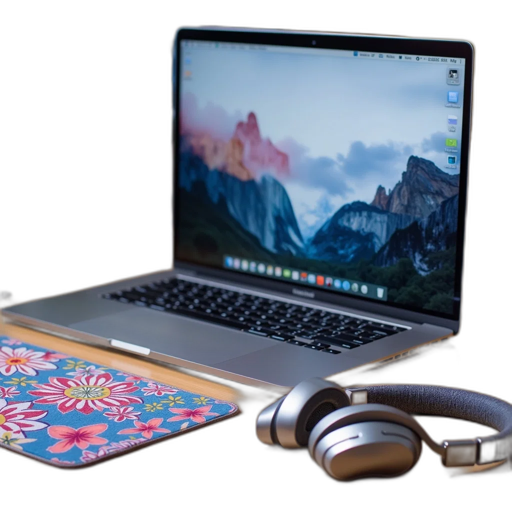 3d render, colorful, golden, silver, laptop, open, wooden, desk transparent PNG cut-out