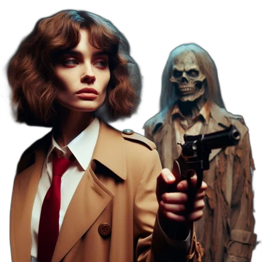 jacket, face, concept art, comic book art, photorealistic, fantasy art, woman, gun transparent PNG cut-out