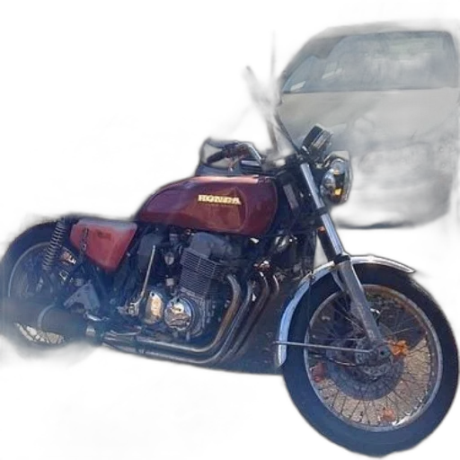 photorealistic, 3d render, concept art, vintage, honda, motorcycle, parked, street transparent PNG cut-out