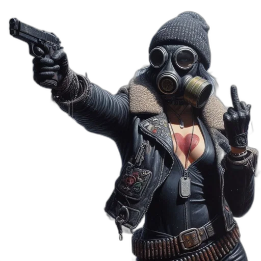 jacket, mask, weapon, concept art, cyberpunk, 3d render, post-apocalyptic, snowy transparent PNG cut-out