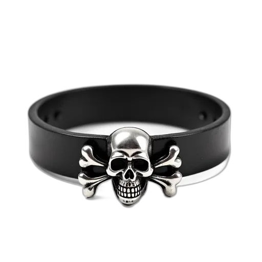 jewelry, crown, black, leather, bracelet, silver, skull, crossbones transparent PNG cut-out