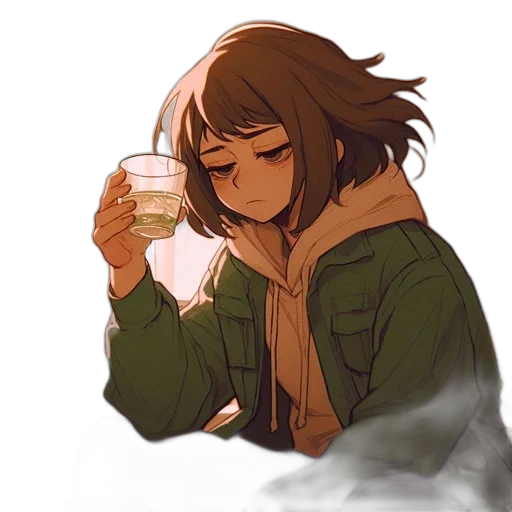 jacket, bottle, face, pixel art, anime, concept art, watercolor, monochrome transparent PNG cut-out