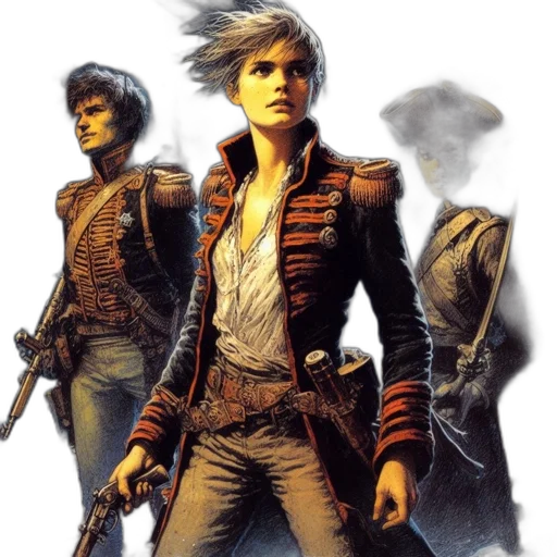 jacket, concept art, fantasy art, comic book art, pixel art, golden, three, individuals transparent PNG cut-out