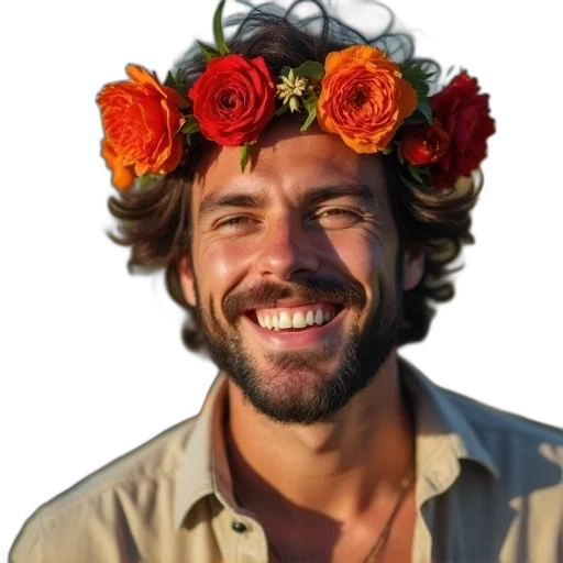 flower, crown, hat, face, photorealistic, oil painting, man, smiles transparent PNG cut-out