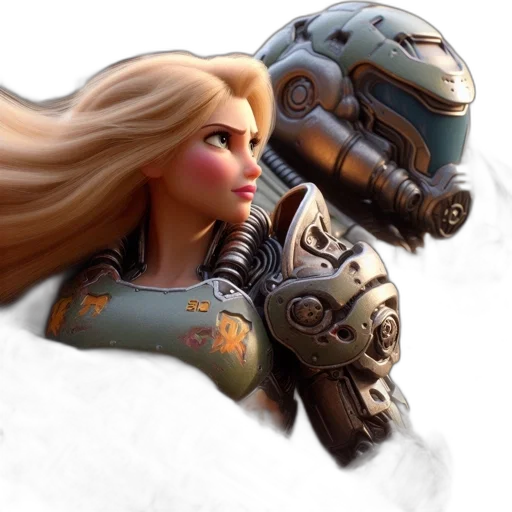 robot, face, weapon, concept art, fantasy art, 3d render, photorealistic, outer space transparent PNG cut-out