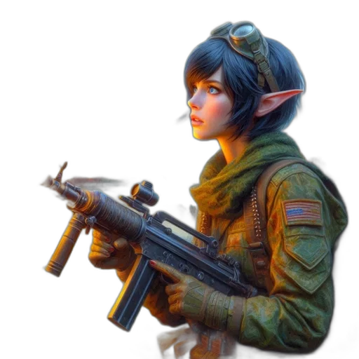 weapon, staff, jacket, face, concept art, fantasy art, photorealistic, pixel art transparent PNG cut-out