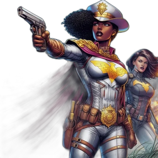 comic book art, concept art, two, female, superheroes, stand, urban, setting transparent PNG cut-out