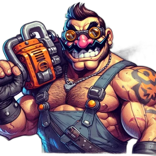 weapon, mask, concept art, comic book art, cyberpunk, cartoon, muscular, character transparent PNG cut-out