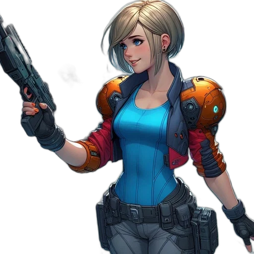 weapon, jacket, concept art, cyberpunk, comic book art, pixel art, blue, urban transparent PNG cut-out
