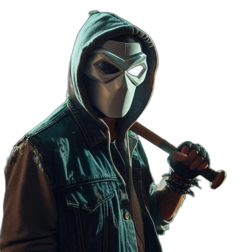 mask, jacket, weapon, staff, concept art, cyberpunk, comic book art, pixel art transparent PNG cut-out